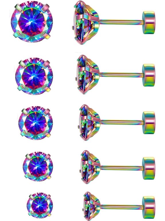 Titanium Earrings for Sensitive Ears, 5 Pairs Flat Back Hypoallergenic Surgical Grade Titanium Cubic Zirconia Stud Earrings for Women Men