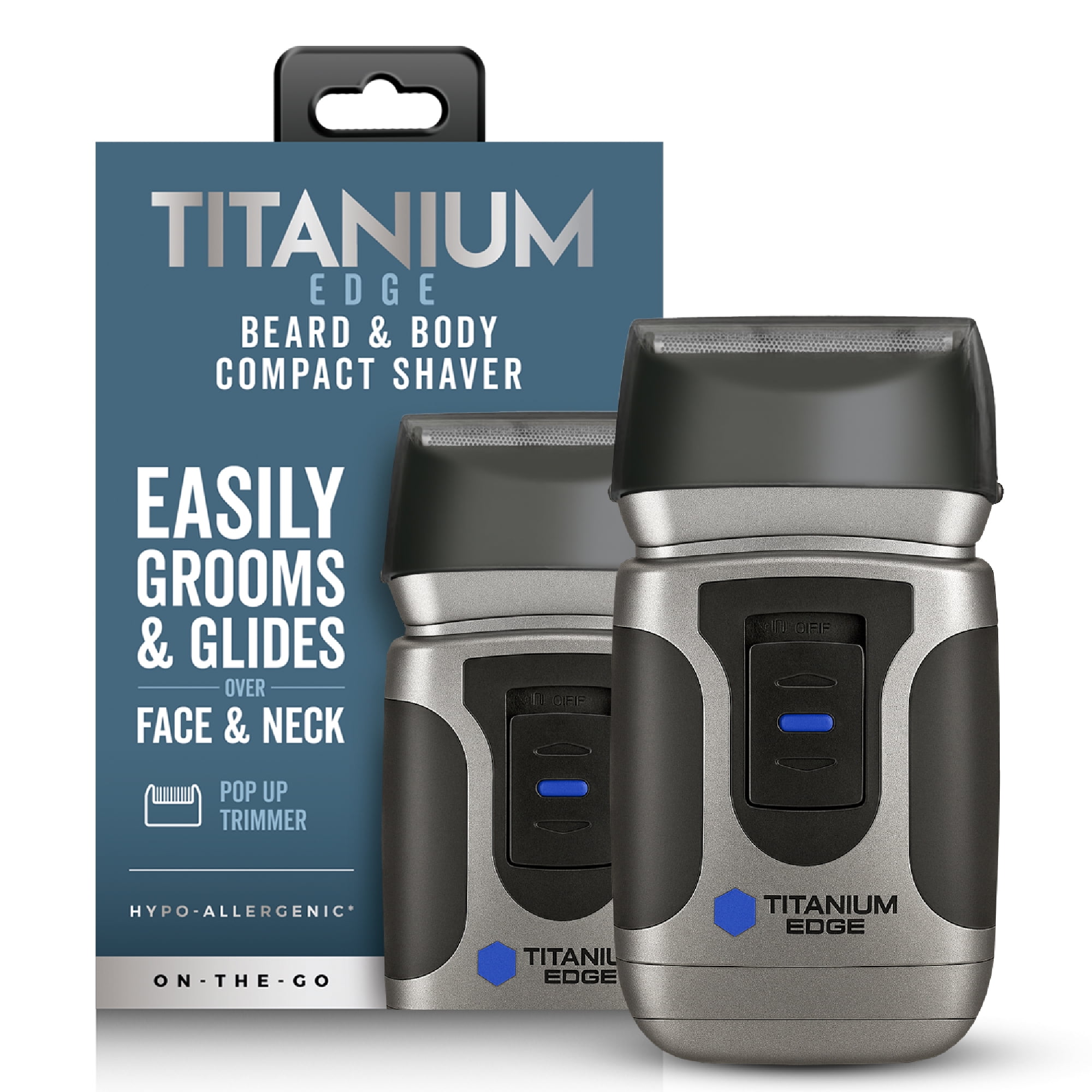 Titanium Edge Beard & Body Compact Shaver Mens Electric Groomer for Face, Neck & Body Pop-Up Trimmer, Titanium Blade, Hypoallergenic, Travel Ready