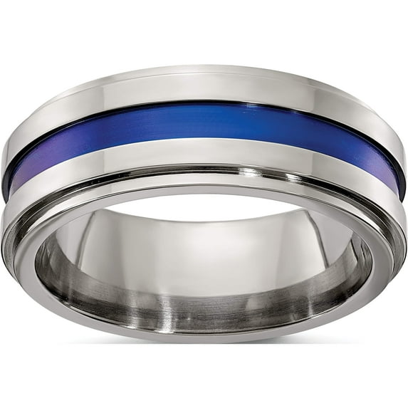 Titanium Edward Mirell Gray 8mm Blue Anodized Flat Grooved Band (Size 8) Made In United States emr103-8mm-8