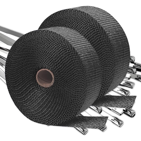 Titanium Exhaust Wrap | 2'' x 200" Exhaust Heat Wrap | Header Wrap | Heat Shield Tape 2 Rolls with 20 PCS 11.8 Inch Stainless Steel Ties for Motorcycle Car Truck (Black, 2 Rolls)