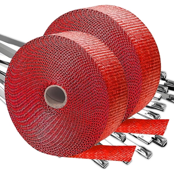 Titanium Exhaust Wrap | 2'' x 200" Exhaust Heat Wrap | Header Wrap | Heat Shield Tape 2 Rolls with 20 PCS 11.8 Inch Stainless Steel Ties for Motorcycle Car Truck (Red, 2 Rolls)