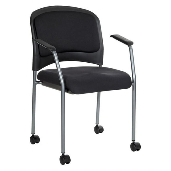 Titanium Finish Rolling Visitors Chair With Casters in Black Fabric