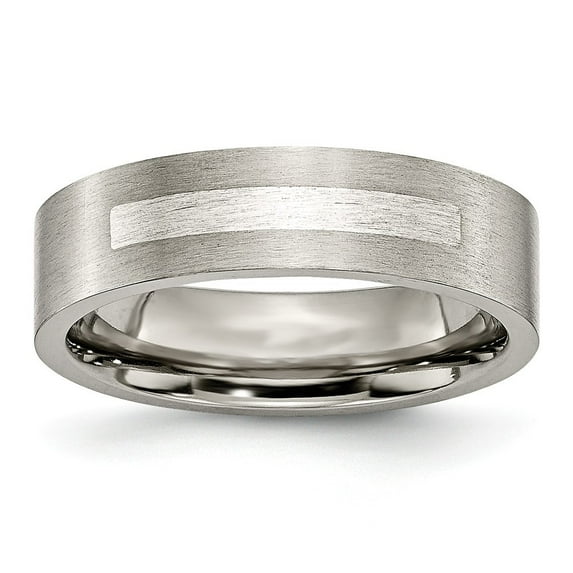 Titanium Flat 6mm Sterling Silver Inlay Brushed Band Ring - Size 6