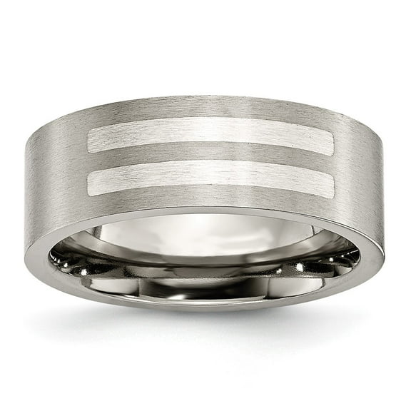 Finest Gold Titanium Brushed with Sterling Silver Inlay 8 mm Flat Band - Size 12.5