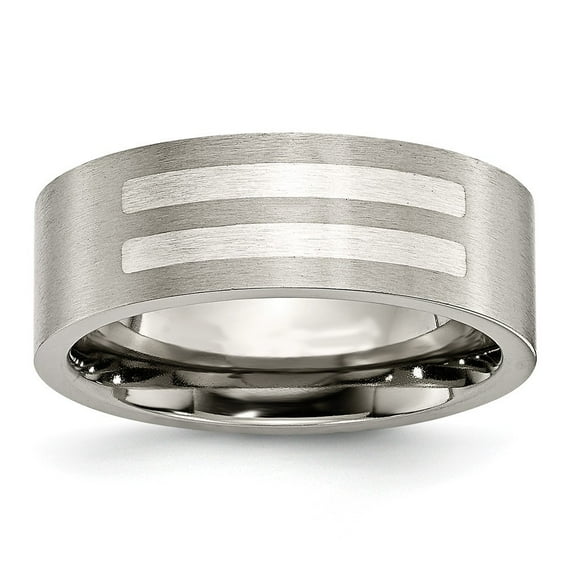 Titanium Flat 8mm Sterling Silver Inlay Brushed Band Ring - Size 12