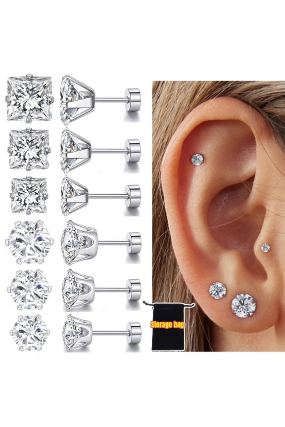 Titanium Flat Back Earrings -6 Pack of Surgical Stainless Steel Round Square Princess Cut CZ Screw Back Stud For Women Men Fashion Jewelry