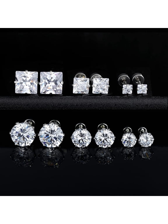 Titanium Flat Back Earrings -6 Pairs of Surgical Stainless Steel Round Square Princess Cut CZ Screw Back Stud For Women Men Fashion Jewelry