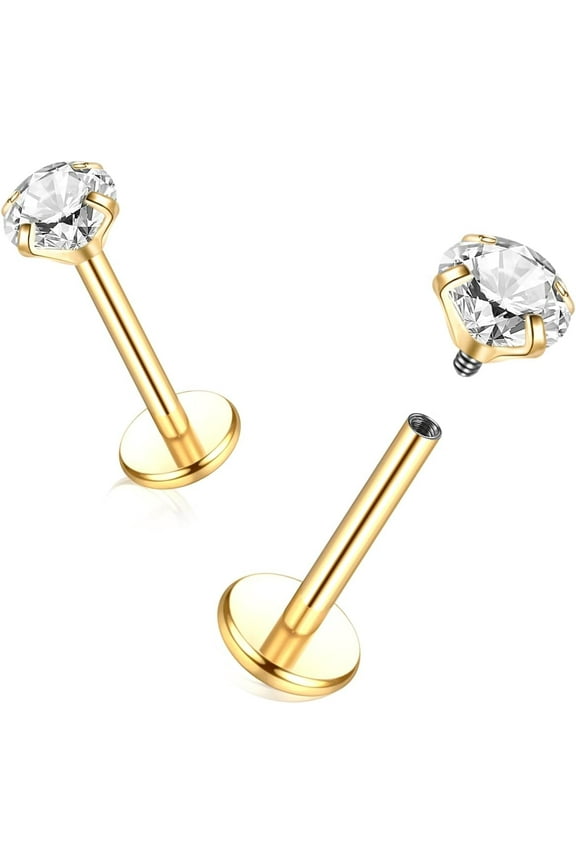 Titanium Flat Back Studs Earrings for Tragus Cartilage Piercing Jewelry Internally Threaded Nose Rings Studs 18G 16G, Silver/Gold, 2PCS