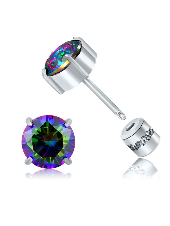 Titanium Flat Back Surgical Stainless Steel Stud Earrings for Women Men,Birthstone Stud Earrings Hypoallergenic Double Side 5A Cubic Zirconia Studs Jewelry 6mm