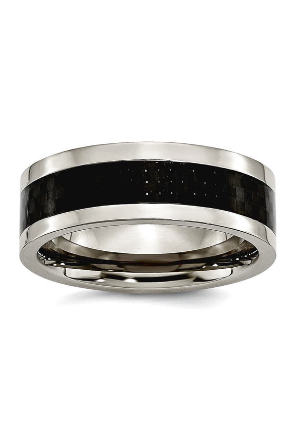 Titanium Flat Band 8mm Polished With Black Carbon Fiber Inset Band Ring Size 15 Ring for Women and Men