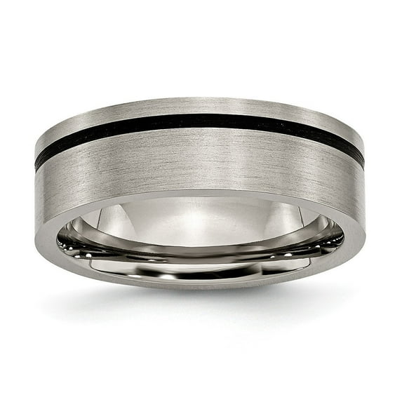Titanium Black Accent Flat 7mm Brushed Band Ring - Size 7.5