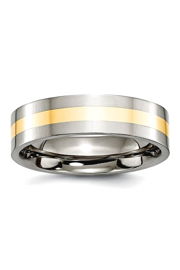 Titanium Flat Band 14k Gold Inlay Flat 6mm Polished Band Ring Size 11 Ring for Women and Men