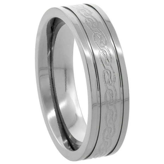 Titanium Flat Etched Celtic Knot Grooved Edges Wedding Band Ring 6mm