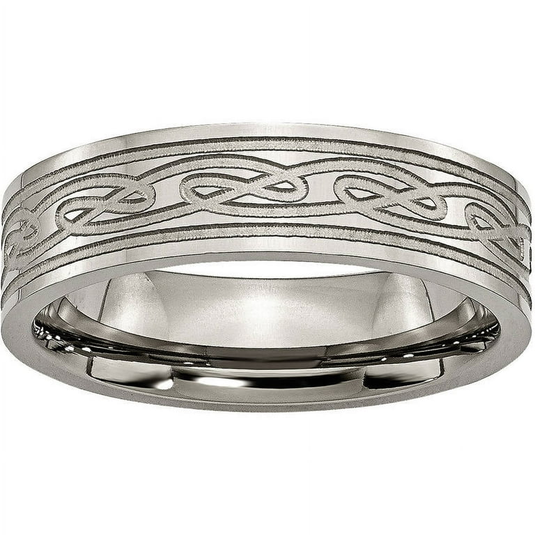 Titanium Flat Laser Etched Celtic Knot 6mm Polished Band Titanium Flat Laser Etched Celtic Knot 6mm Polished Band