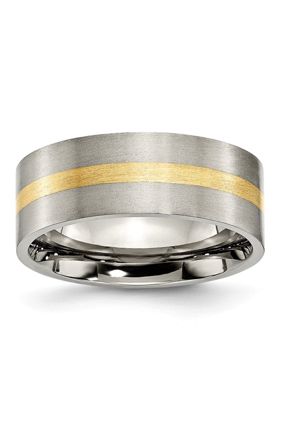 Titanium Flat Real 14kt Yellow Inlay 8mm Brushed Band Size: 11; for Adults and Teens; for Women and Men