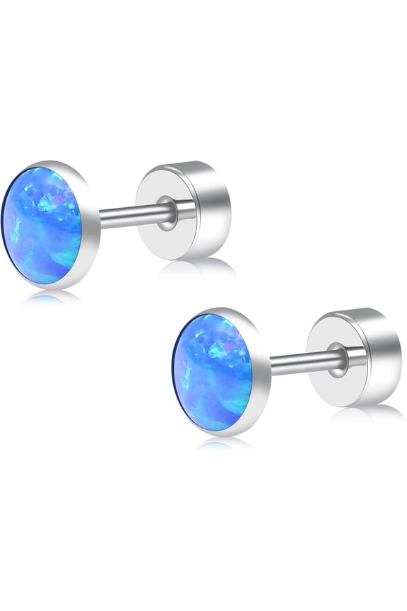 Titanium Flatback Earrings for Women Opal Fire and Snow Stud Earrings Flat Back Women Earrings Hypoallergenic Cartilage Flatback Earring Tragus Helix Tragus Conch Piercing 3mm-5mm