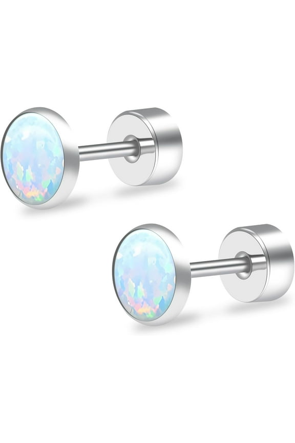 Titanium Flatback Earrings for Women Opal Fire and Snow Stud Earrings Flat Back Women Earrings Hypoallergenic Cartilage Flatback Earring Tragus Helix Tragus Conch Piercing 3mm-5mm