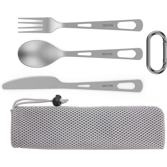 Titanium Flatware Knife Fork Spoon Set Lightweight Ti Camping Utility Cutlery with Carrying Bag for Traveling Picnic Hiking