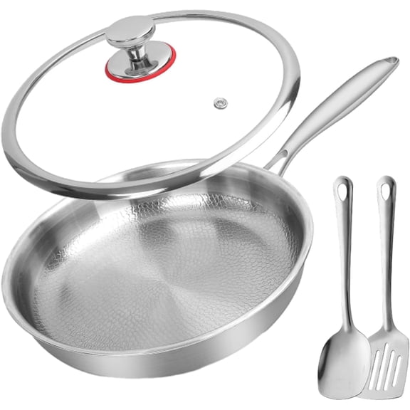 Titanium Frying Pan with Lid, Hammered Titanium Cookware, Nonstick Coating-Free Skillet for Induction, Gas and Electric Stovetops