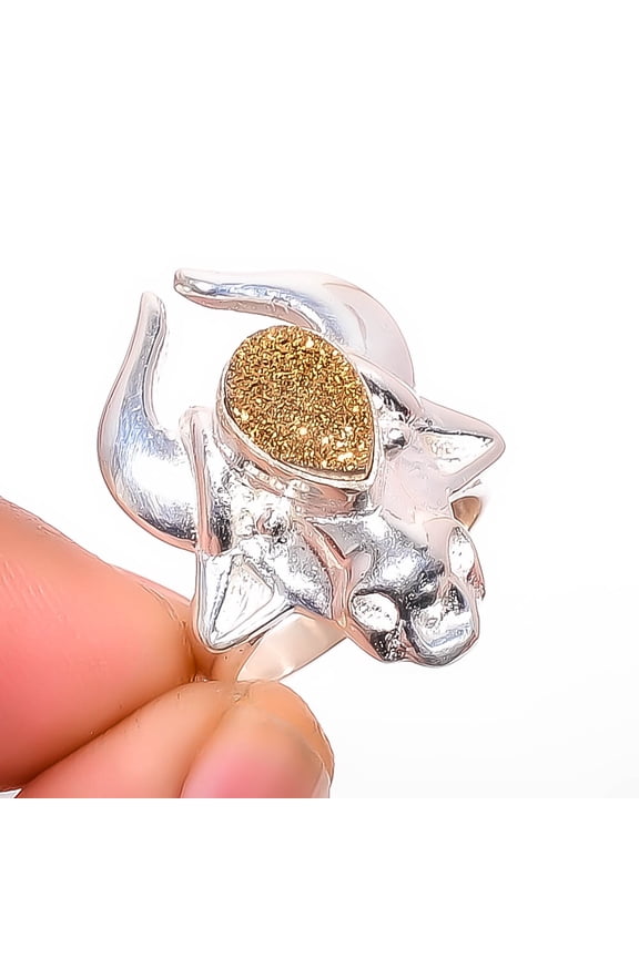 Titanium Golden Agate Drusy Designer 925 Steerling Silver Bull Ring s.6 R7467-1, Beautiful Jewelry For Woman, New Year Sale, Valentin's Day Gift