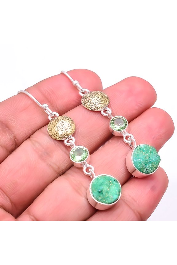 Titanium Green Agate Drusy, Green Amethyst 925 Silver Two Tone Earring 2.15" E16, Handmade Jewelry, Dangle Earring