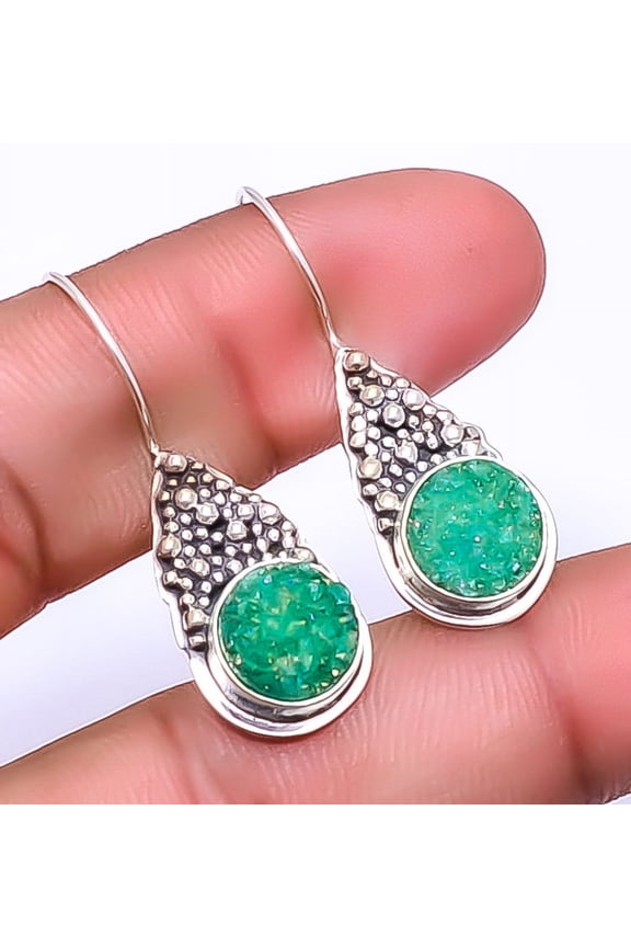 Titanium Green Quartz Druzy - India Handmade 925 Sterling Silver Earring 1.56"E8, Handmade Jewelry, Dangle Earring