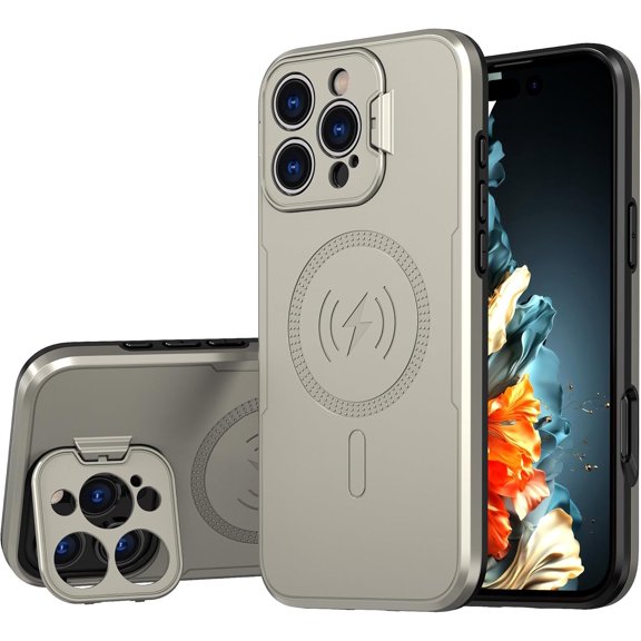 Titanium Grey Magnetic Case for iPhone 16 Pro Max with Foldable Kickstand Camera Lens Cover Support Wireless Charging 16 Pro Max Case Slim Dual Layer