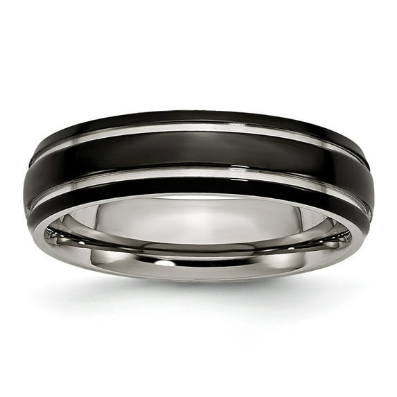 Titanium Grooved 6mm Black-plated Polished Band Ring - Size 9