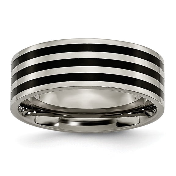 Titanium Grooved 8mm Black-plated Stripes Polished Band Ring - Size 10.5
