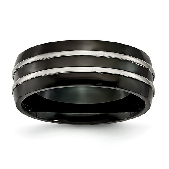 Titanium Grooved 8mm Men's Black IP-plated Matte Brushed Finish and Wedding Band Ring Size 7
