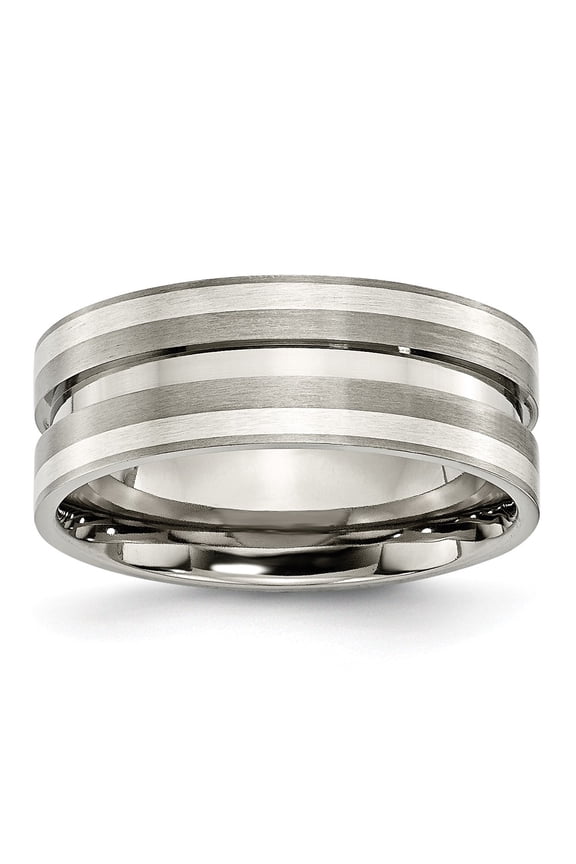 Titanium Grooved 925 Sterling Silver Inlay 8mm Brushed Band Size: 6; for Adults and Teens; for Women and Men