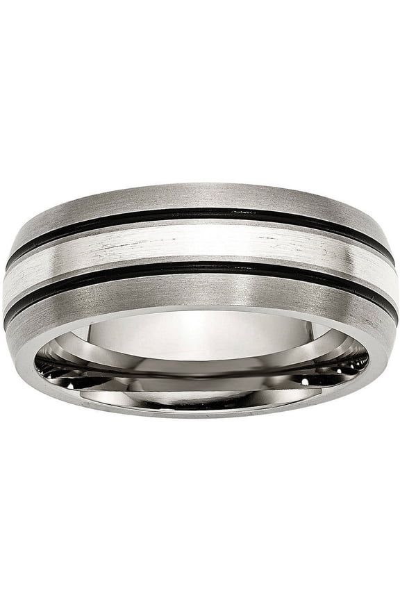 Titanium Grooved Sterling Silver Inlay 8mm Brushed/Antiqued Band