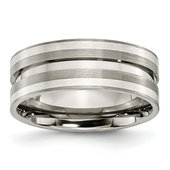 Finest Gold Titanium Brushed with Sterling Silver Inlay 8 mm Grooved Band - Size 13