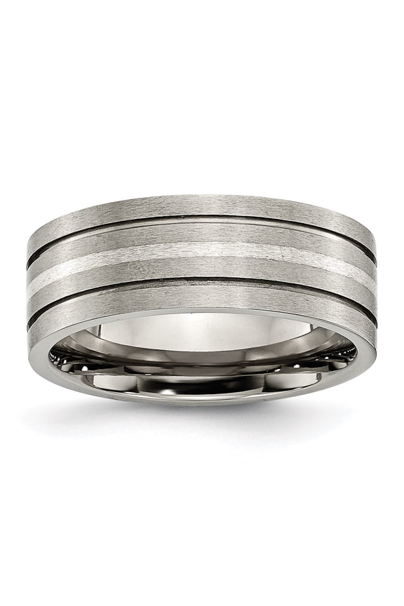 Finest Gold Titanium Brushed with Sterling Silver Inlay 8 mm Grooved Band - Size 8.5