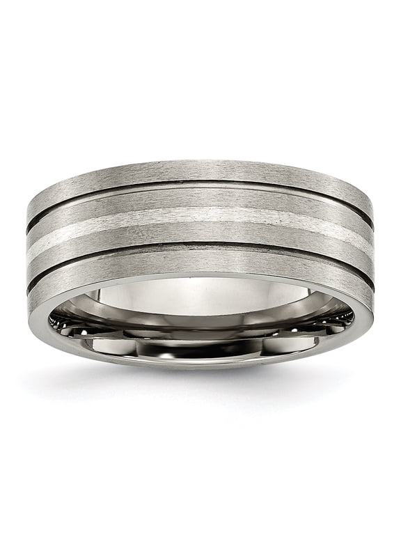 Finest Gold Titanium Brushed with Sterling Silver Inlay 8 mm Grooved Band - Size 8.5