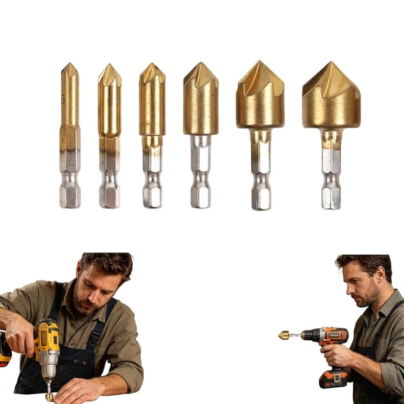 Titanium HSS Countersink Drill Bit Set, 1/4 Inch Hex Shank 90 Degree 5 Flute Chamfering Tool Kit for Wood Metal DIY Furniture Repair, Gold (6pc)