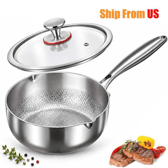 Titanium Hammered Pan with Lid, Multifunctional Ultra-Durable Scratch-Resistant Non Stick, Whole Body Tri-Ply Stainless Steel Induction Cooking Small Saucepan With Lid, with Ergonomic Handle