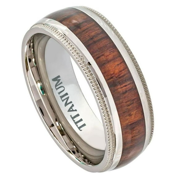 Titanium Hawaiian Koa Rosewood Center Milgrain Edge Domed Ring Size 10.5