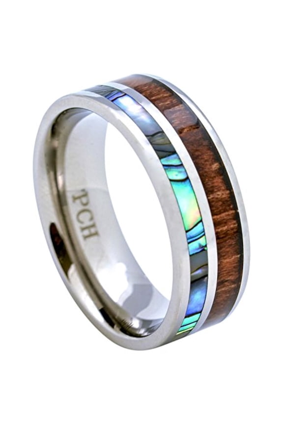 Titanium Hawaiian Koa Wood and Abalone Inlay Wedding Ring Comfort Fit 8mm Band (11.5)