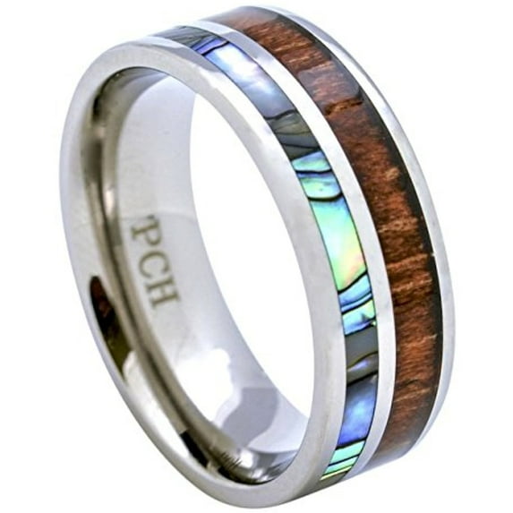 Titanium Hawaiian Koa Wood and Abalone Inlay Wedding Ring Comfort Fit 8mm Band (13)