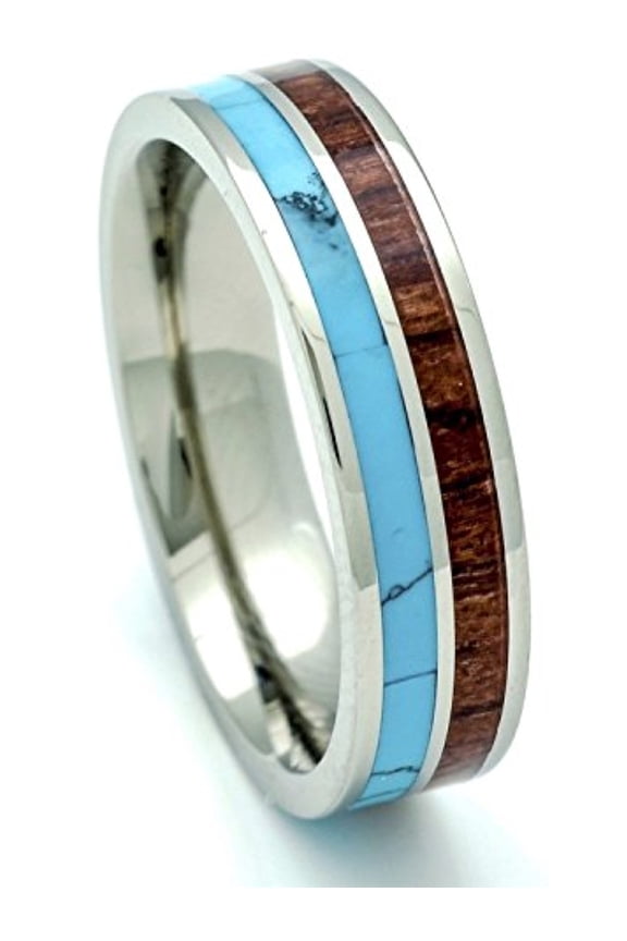 Titanium Hawaiian Koa Wood and Turquoise Inlay Wedding Band Ring 6mm (8.5)