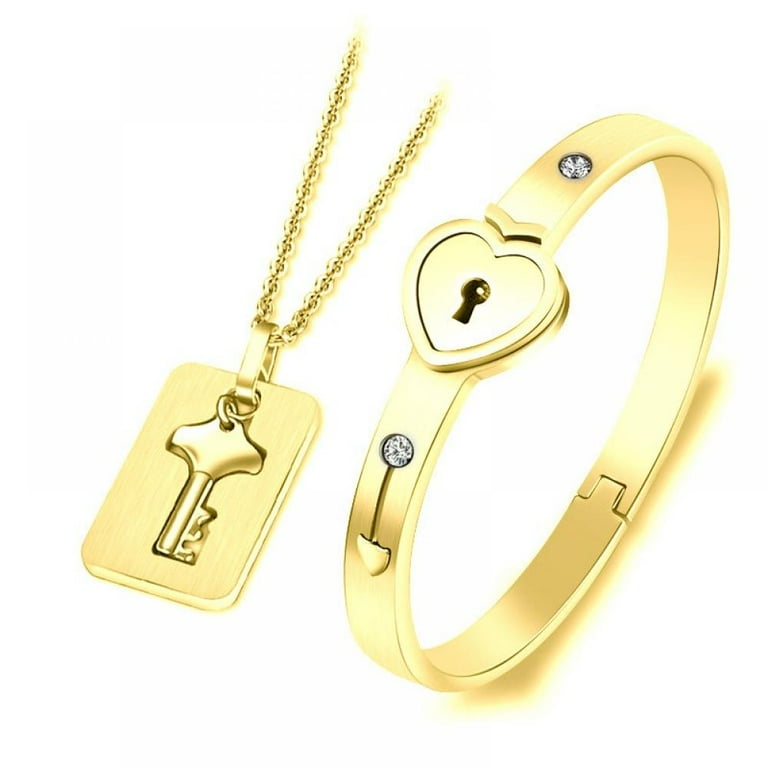 Titanium Steel Love Heart Lock Bracelet with Key Pendant Necklace Couple  Gifts