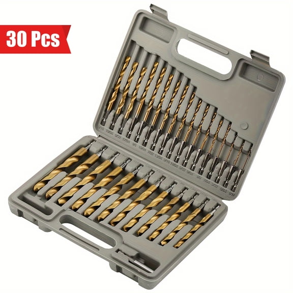 Titanium Impact Drill Bit Set, Hex Shank HSS, Quick Change Design, 30 Pcs, 1/16"-1/2