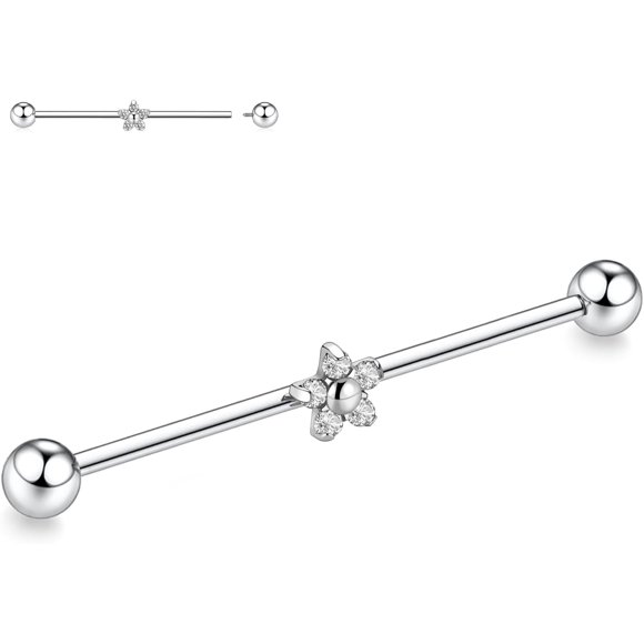 Titanium Industrial Bar 14G Industrial Piercing Jewelry Industrial Barbell for Women Men With CZ/Opal Cartilage Helix Earring 11/2 Inch 38mm Style3:Silver with Flower CZ