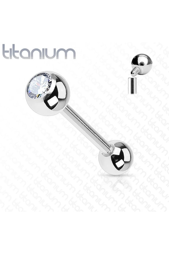 Titanium Internally Threaded Barbell With Press Fit Cubic Zirconia Clear Diamond Gem