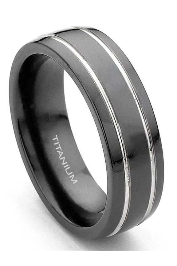 7mm Grooved Black Titanium Comfort Fit Mens Wedding Band Ring Sz 11.5