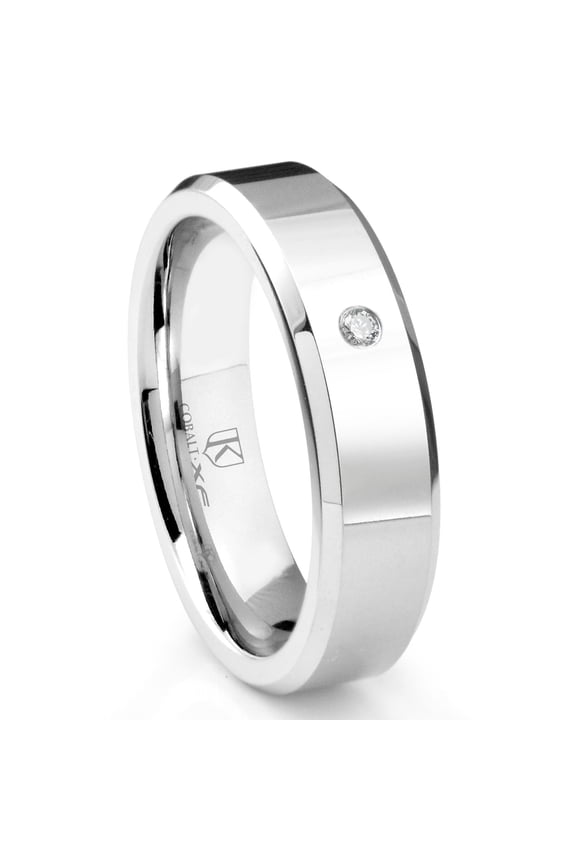 Cobalt Xf Chrome 6MM Solitaire Diamond High Polish Comfort Fit Wedding Band Ring with Beveled Edges Sz 9.0