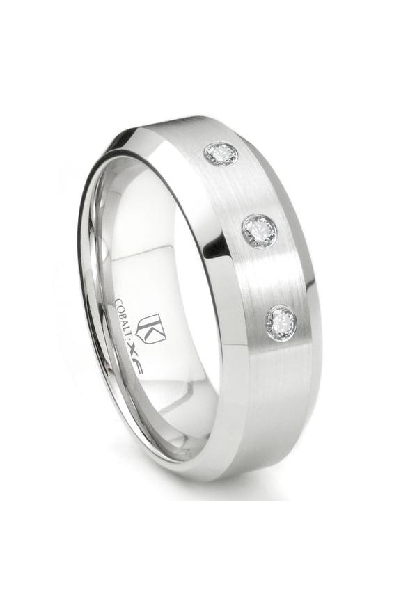 Cobalt Xf Chrome 8MM 3 Diamond High Polish Beveled Comfort Fit Wedding Band Ring Sz 9.5