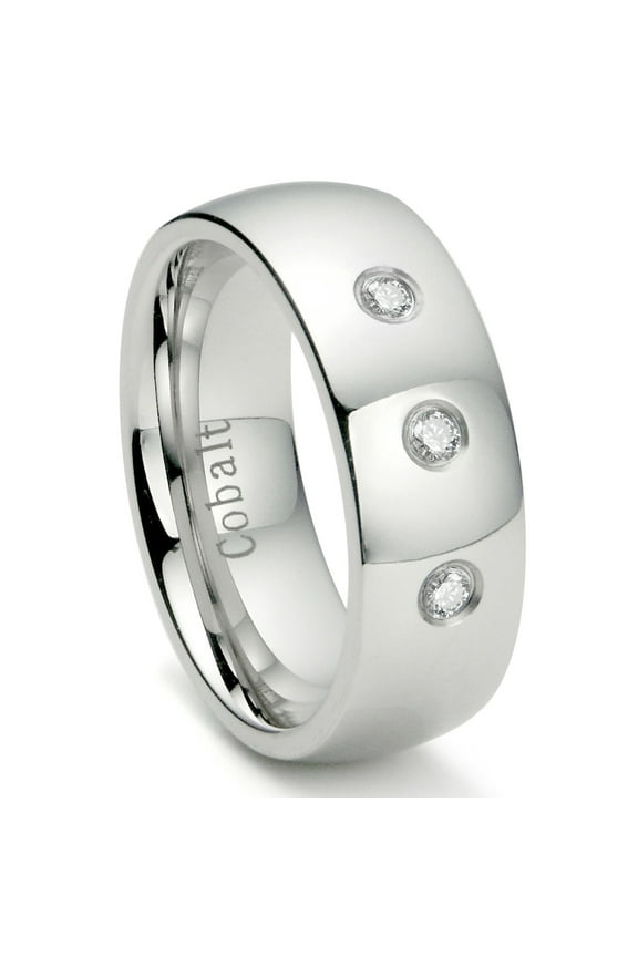 Cobalt Xf Chrome 8MM 3 Diamond High Polish Dome Comfort Fit Wedding Band Ring Sz 10.0