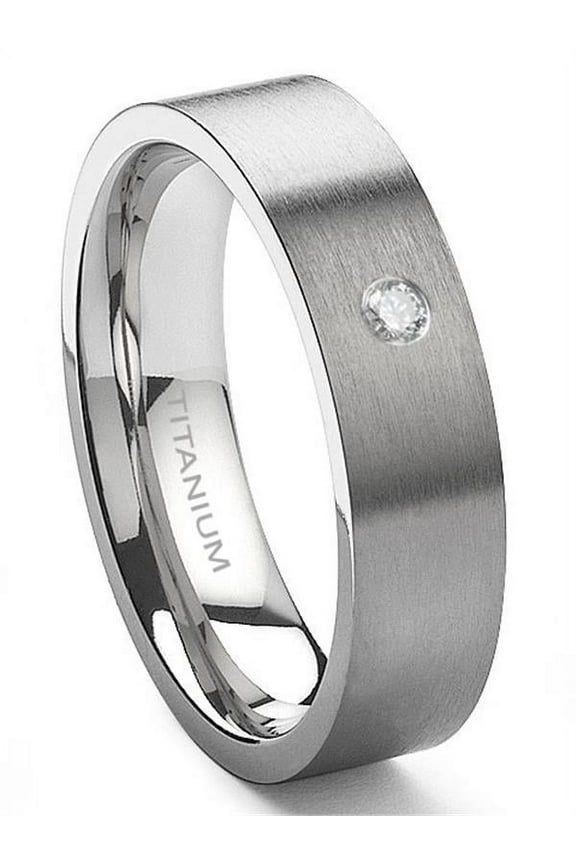 Titanium 6mm Solitaire Diamond Brush Finish Flat Comfort Fit Mens Wedding Band Ring Sz 10.5